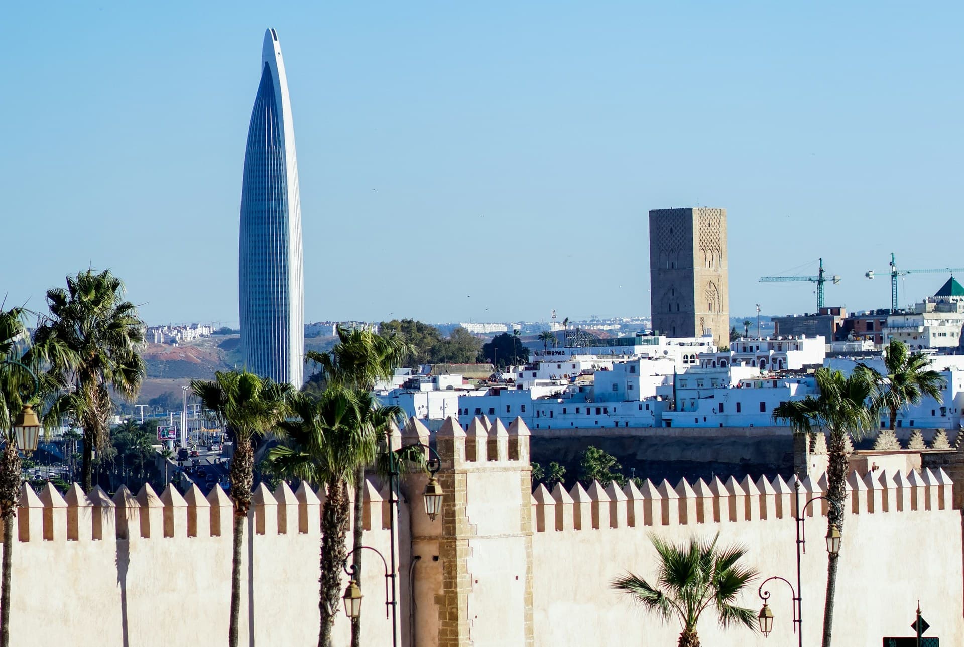 La Tour Hassan et les remparts de la Kasbah des Oudayas entourés de palmiers, symbole de Rabat et du patrimoine immobilier haut de gamme